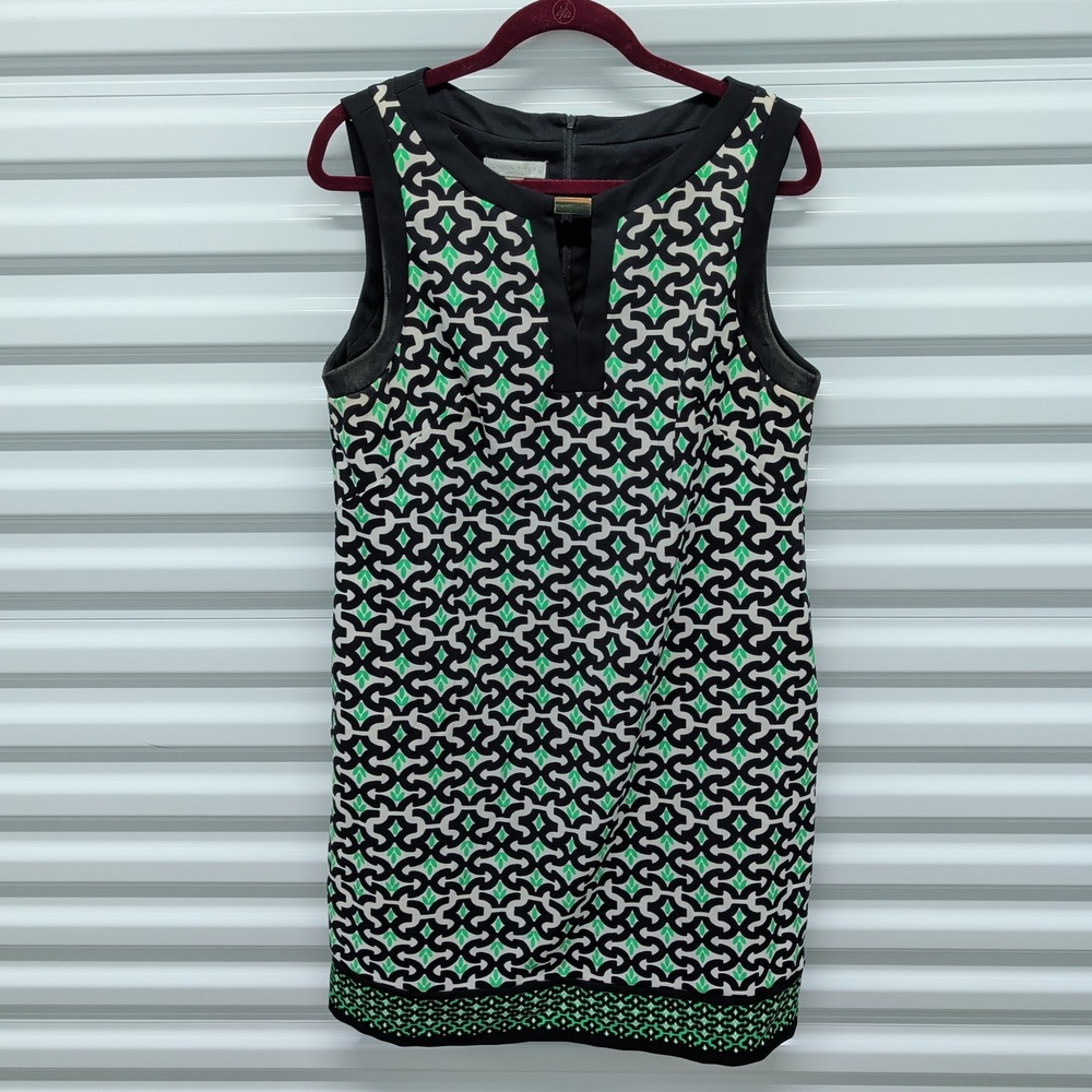 London Times Dress 16 Womens Green Black Geometric Print Notch Neck Sleeveless
